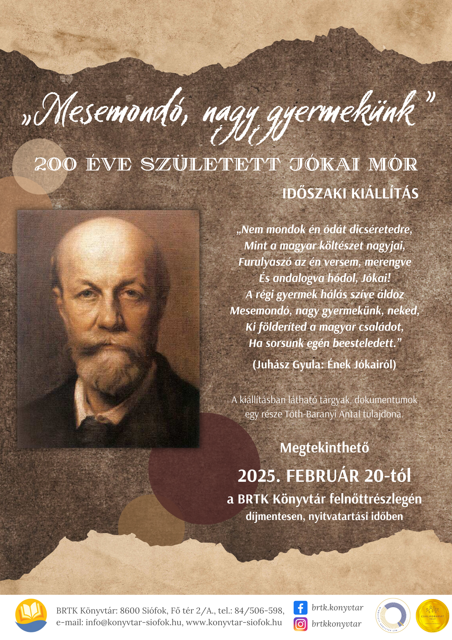 „Mesemondó nagy gyermekünk” - 200 éve született Jókai Mór: időszaki kiállítás a felnőttrészlegen