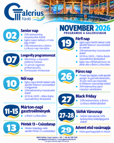 Novemberben is sok élménnyel várunk a Galerius Fürdőben!