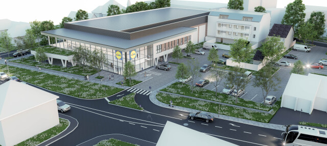 Alul parkolóház, fölül Lidl-áruház