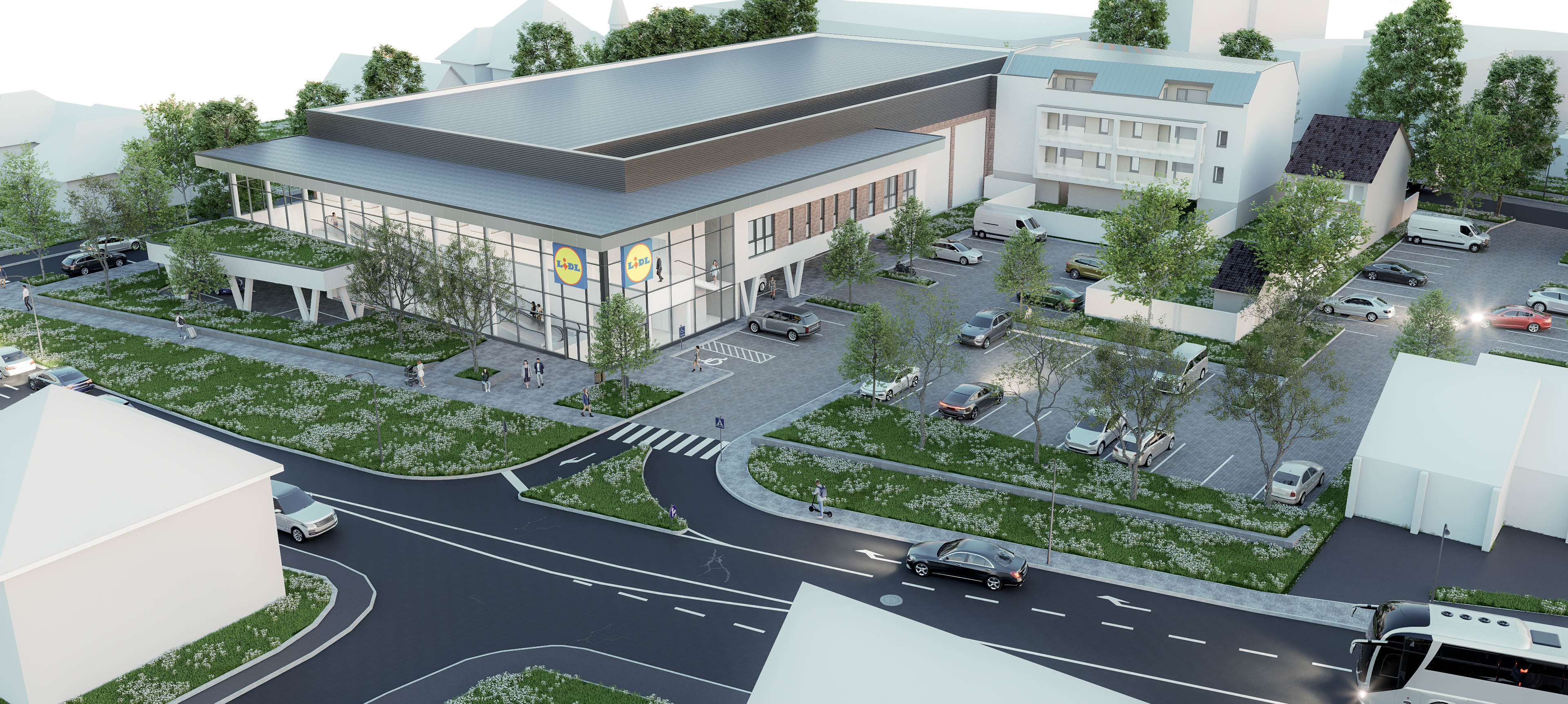 Alul parkolóház, fölül Lidl-áruház